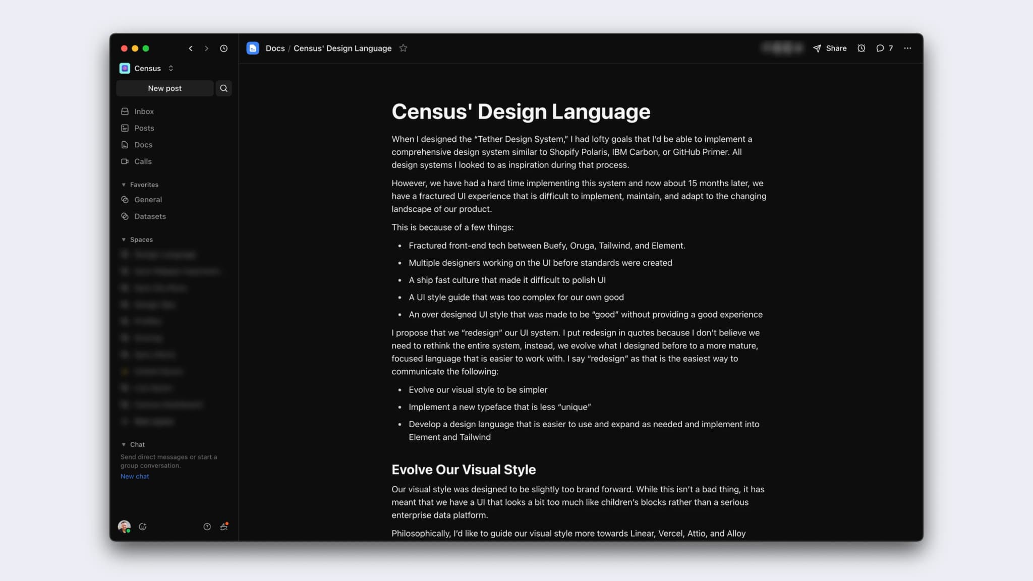 A sample of the document I wrote for the Census team describing the changes to our design language I wanted to make, why they were important, and why we should do it now.