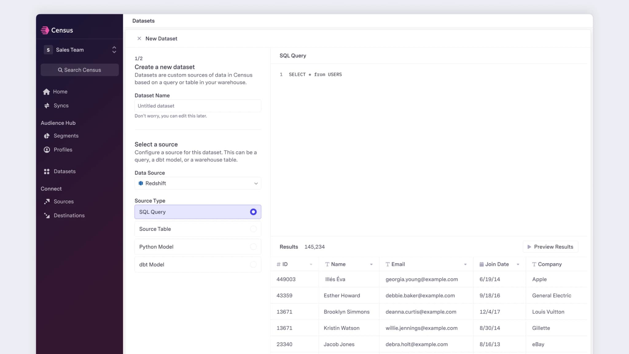 Step 1 of creating a dataset is dedicated to choosing a source that enables users to define their data for the dataset.